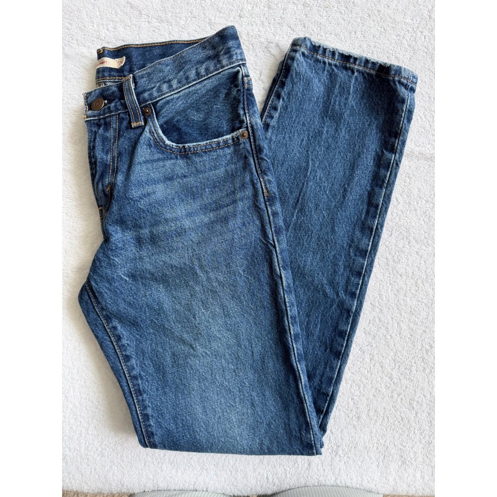 Levis Premium Middy Straight Jeans Blue Medium Wash Denim Size 24 Distressed